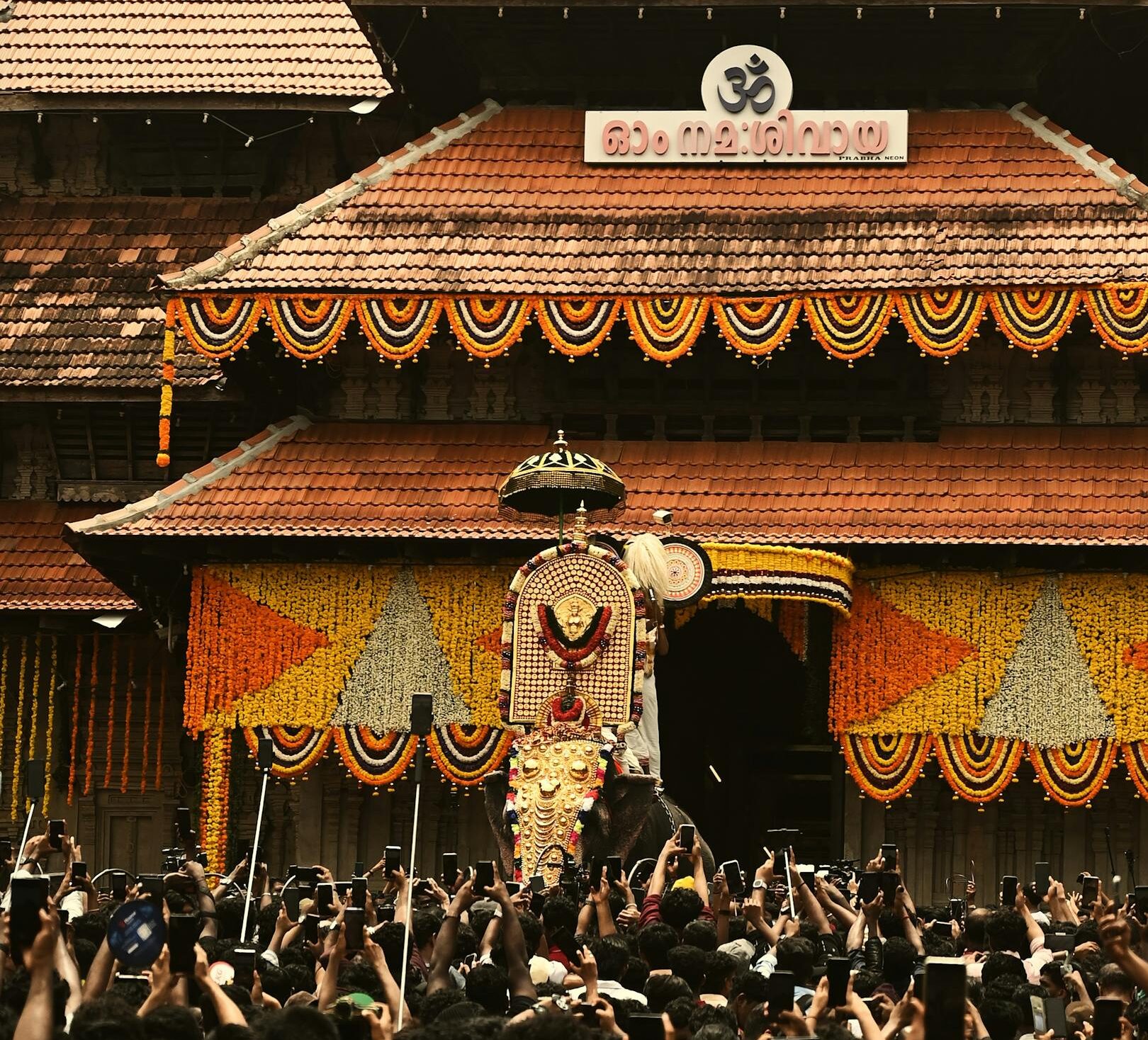 Crowd gathers at Vadakkunnathan Temple for Thrissur Pooram festival with decorated elephants.